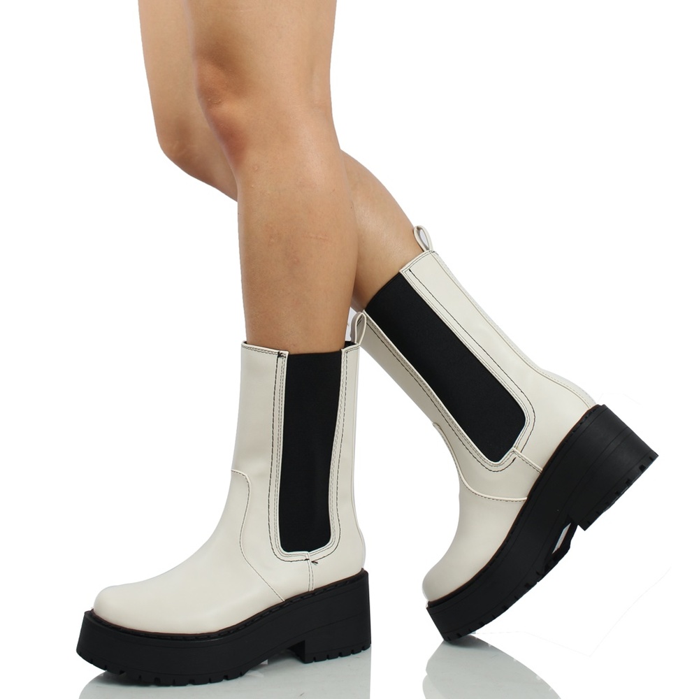White Chelsea Mid Calf Chunky Block Boot